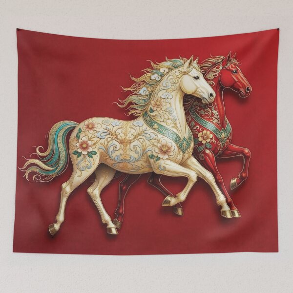 Item preview, Stylized Horses Galloping on Crimson Background in Gold Accents designed and sold by Lucia Amaris Art.