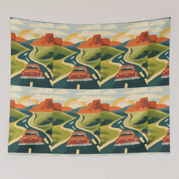 Item preview, Retro Road Trip Sunset | Scenic Desert Highway Illustration | Vintage Car Landscape Art | Travel Adventure Wall Art | Digital Painting designed and sold by MixedMuse24.