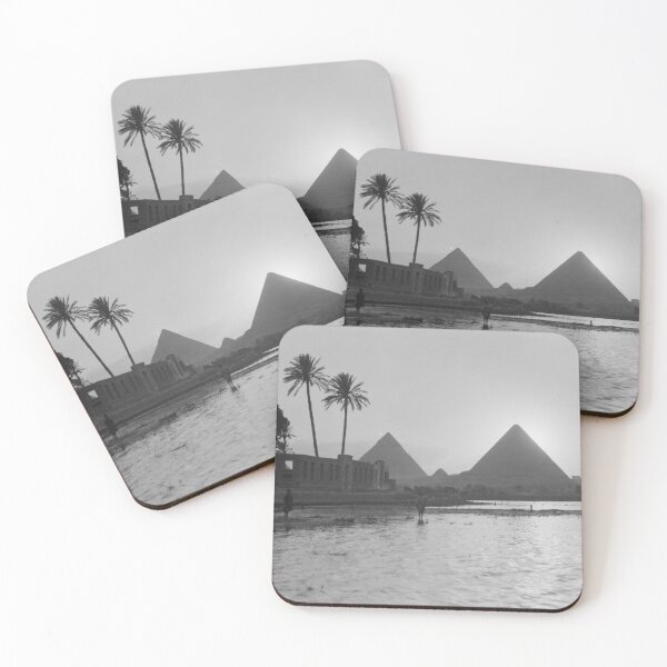 Item preview, Classic vintage monochrome photo of Egyptian pyramids with water reflection Giza, Egypt black and white photograph art print designed and sold by Astrid Arkhangelsky.