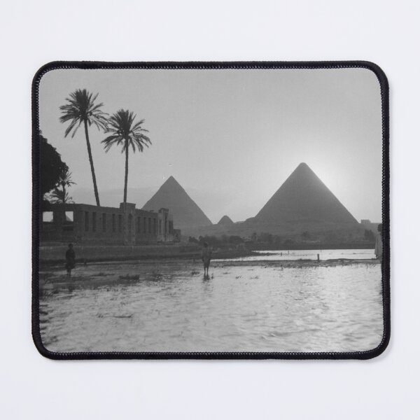 Item preview, Classic vintage monochrome photo of Egyptian pyramids with water reflection Giza, Egypt black and white photograph art print designed and sold by Astrid Arkhangelsky.