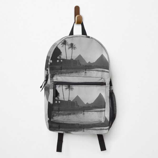 Item preview, Classic vintage monochrome photo of Egyptian pyramids with water reflection Giza, Egypt black and white photograph art print designed and sold by Astrid Arkhangelsky.