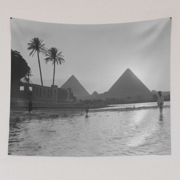 Item preview, Classic vintage monochrome photo of Egyptian pyramids with water reflection Giza, Egypt black and white photograph art print designed and sold by Astrid Arkhangelsky.