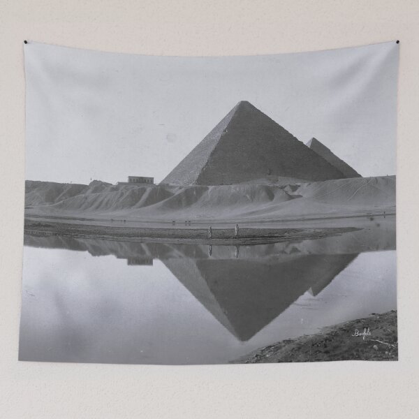 Item preview, Water reflection, Egyptian pyramids on the River Nile, Giza, Egypt black and white photograph art print  designed and sold by Astrid Arkhangelsky.