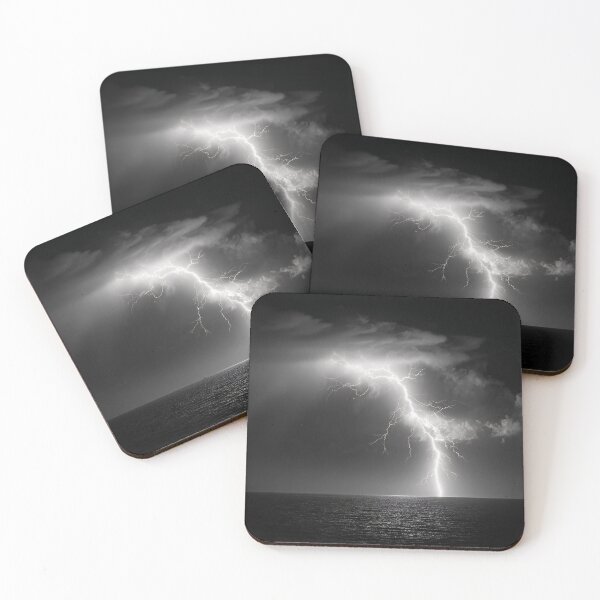 Item preview, Ocean lightning strike fine art photograph of a lightning bolt striking over a dark sea black and white photograph art print designed and sold by Astrid Arkhangelsky.