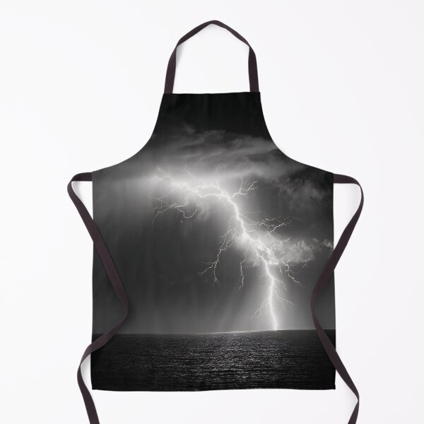 Item preview, Ocean lightning strike fine art photograph of a lightning bolt striking over a dark sea black and white photograph art print designed and sold by Astrid Arkhangelsky.