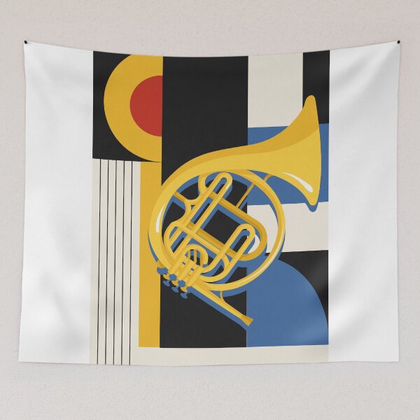Item preview, Bauhaus French Horn Art | Minimalist Geometric Music Print | Mid-Century Modern Jazz Print | Blue, Red And Yellow Edition designed and sold by Studio pod Burom.