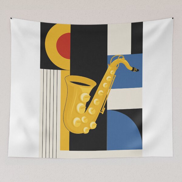 Item preview, Bauhaus Saxophone Art | Minimalist Jazz Print | Mid-Century Modern Geometric Music Print | Blue, Red And Yellow Edition designed and sold by Studio pod Burom.