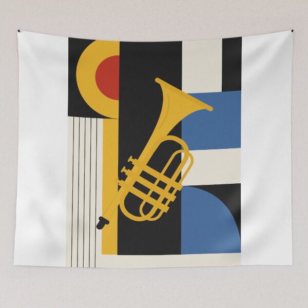 Item preview, Bauhaus Trumpet Art | Minimalist Geometric Music Decor | Mid-Century Modern Jazz Print | Blue, Red And Yellow Edition designed and sold by Studio pod Burom.