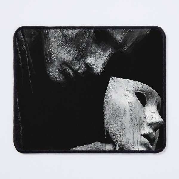 Item preview, Behind the mask, grief fine art sculpture grieving figure holding melting mask black and white photograph print designed and sold by Astrid Arkhangelsky.