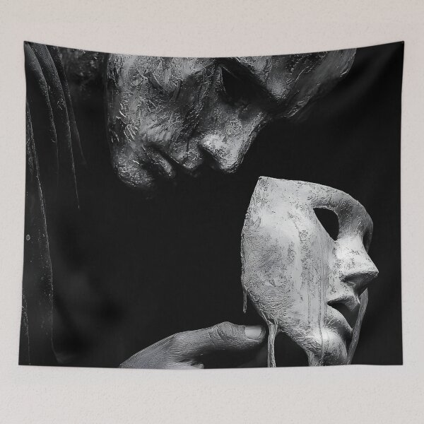 Item preview, Behind the mask, grief fine art sculpture grieving figure holding melting mask black and white photograph print designed and sold by Astrid Arkhangelsky.