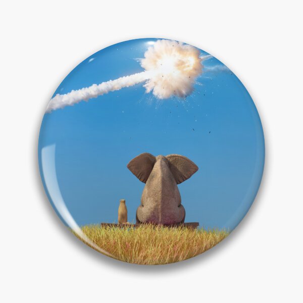 Item preview, Elephant and Dog on a Yellow Grassy Hill Watching Air Defense Intercepting a Rocket in the Blue Sky designed and sold by Mike Kiev art.