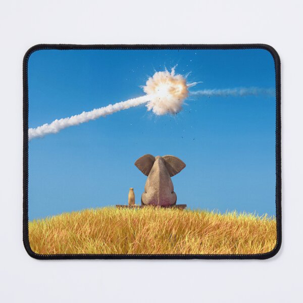 Item preview, Elephant and Dog on a Yellow Grassy Hill Watching Air Defense Intercepting a Rocket in the Blue Sky designed and sold by Mike Kiev art.