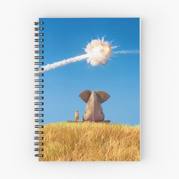 Item preview, Elephant and Dog on a Yellow Grassy Hill Watching Air Defense Intercepting a Rocket in the Blue Sky designed and sold by Mike Kiev art.