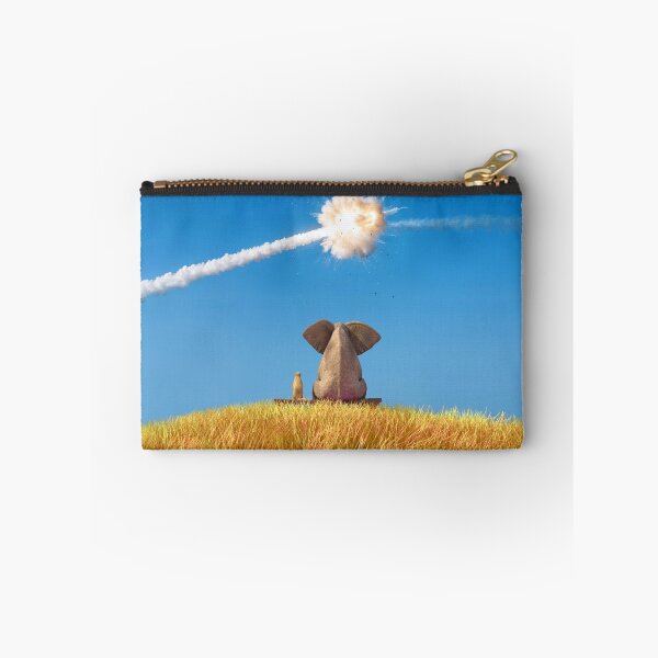 Item preview, Elephant and Dog on a Yellow Grassy Hill Watching Air Defense Intercepting a Rocket in the Blue Sky designed and sold by Mike Kiev art.