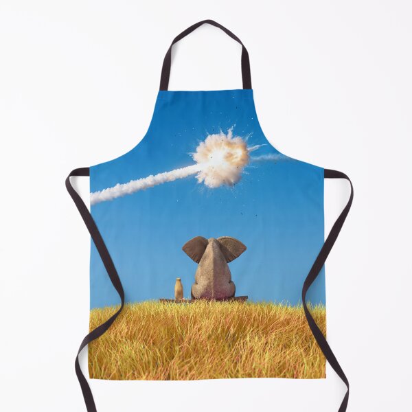 Item preview, Elephant and Dog on a Yellow Grassy Hill Watching Air Defense Intercepting a Rocket in the Blue Sky designed and sold by Mike Kiev art.