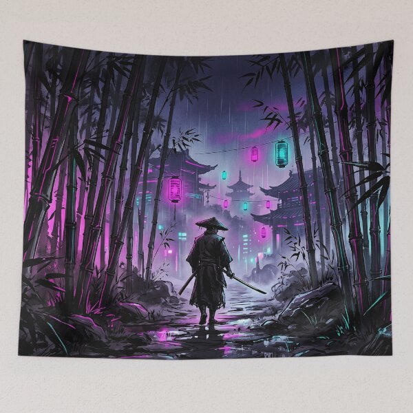 Item preview, Sumi-e ronin walking through a neon bamboo forest designed and sold by Osmose-Studio.