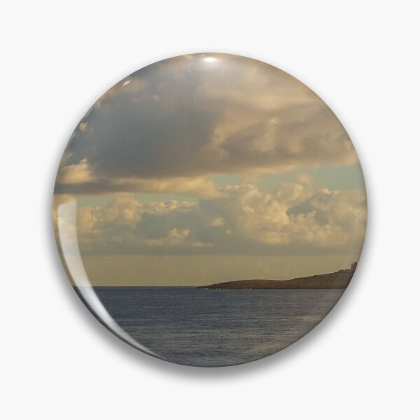 Item preview, Calm Ocean Horizon With Cloud-Filled Sky and Distant Coastal Island at Golden Hour designed and sold by Nmallia.
