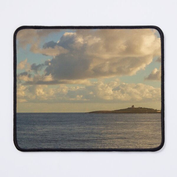 Item preview, Calm Ocean Horizon With Cloud-Filled Sky and Distant Coastal Island at Golden Hour designed and sold by Nmallia.