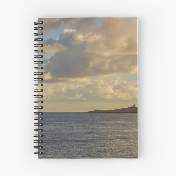 Item preview, Calm Ocean Horizon With Cloud-Filled Sky and Distant Coastal Island at Golden Hour designed and sold by Nmallia.