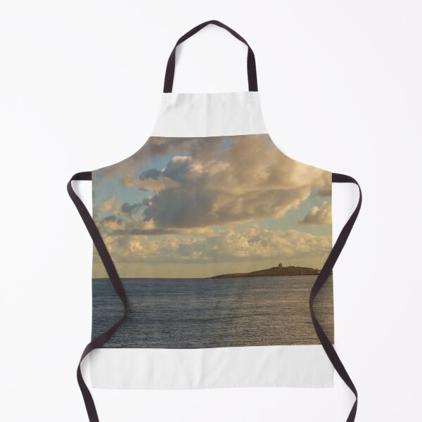 Item preview, Calm Ocean Horizon With Cloud-Filled Sky and Distant Coastal Island at Golden Hour designed and sold by Nmallia.