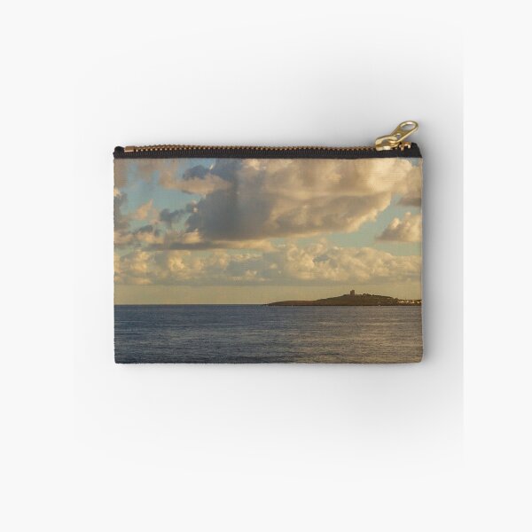 Item preview, Calm Ocean Horizon With Cloud-Filled Sky and Distant Coastal Island at Golden Hour designed and sold by Nmallia.