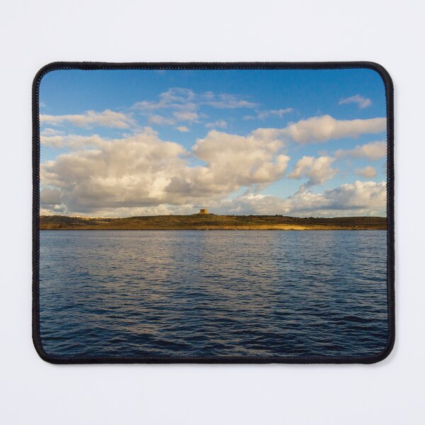 Item preview, Calm Ocean Horizon With Cloud-Filled Sky and Distant Coastal Island at Golden Hour designed and sold by Nmallia.