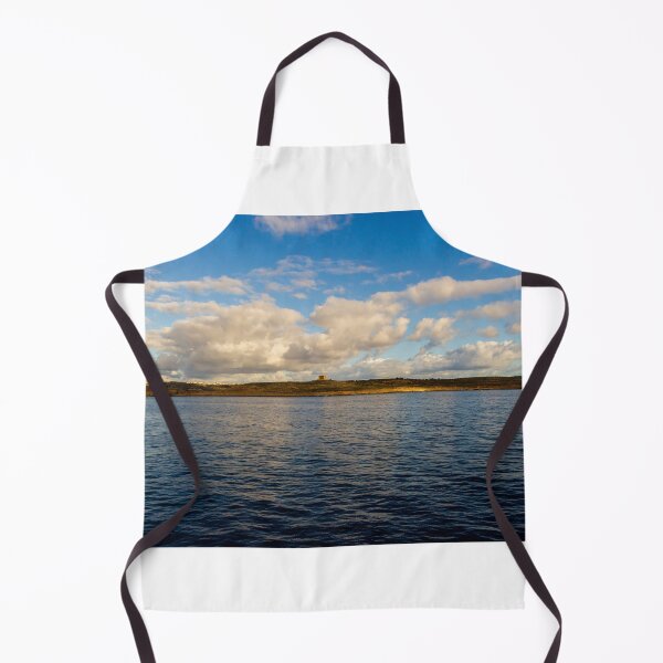 Item preview, Calm Ocean Horizon With Cloud-Filled Sky and Distant Coastal Island at Golden Hour designed and sold by Nmallia.