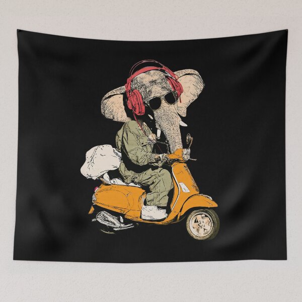 Item preview, Cool Elephant with Red Headphones Riding Orange Scooter Vintage Pop Art designed and sold by PANNARUK THAILAND.