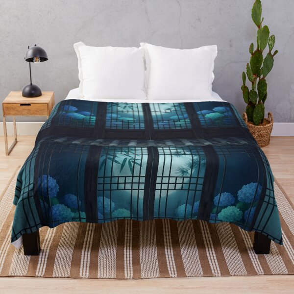 Item preview, Moonlight Through Korean Traditional Lattice Window & Blue Hydrangeas - Serene Summer Night Aesthetic designed and sold by SOOstudio73.
