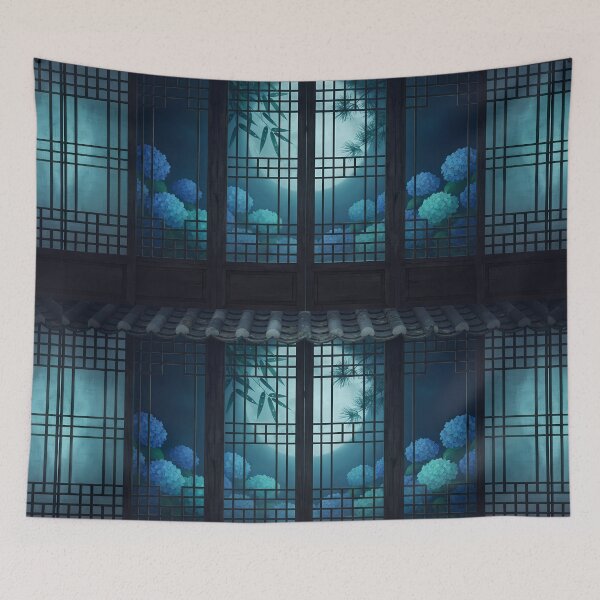 Item preview, Moonlight Through Korean Traditional Lattice Window & Blue Hydrangeas - Serene Summer Night Aesthetic designed and sold by SOOstudio73.