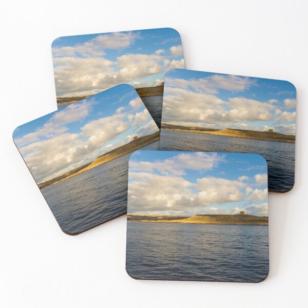Item preview, Calm Ocean Horizon With Cloud-Filled Sky and Distant Coastal Island at Golden Hour designed and sold by Nmallia.