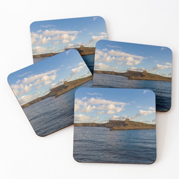 Item preview, Calm Ocean Horizon With Cloud-Filled Sky and Distant Coastal Island at Golden Hour designed and sold by Nmallia.