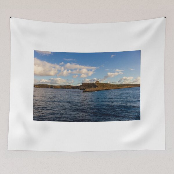 Item preview, Calm Ocean Horizon With Cloud-Filled Sky and Distant Coastal Island at Golden Hour designed and sold by Nmallia.