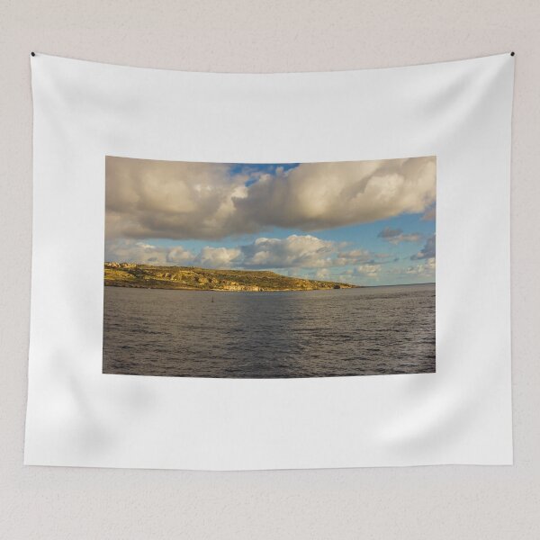 Item preview, Calm Ocean Horizon With Cloud-Filled Sky and Distant Coastal Island at Golden Hour designed and sold by Nmallia.