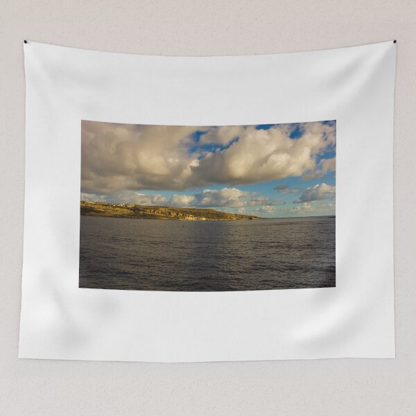 Item preview,  Calm Ocean Horizon With Cloud-Filled Sky and Distant Coastal Island at Golden Hour designed and sold by Nmallia.