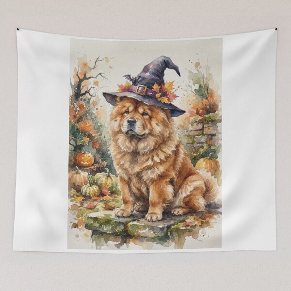 Item preview, Chow chow Halloween, pumpkin,witch hat, bats, creepy, spooky, watercolour style designed and sold by Coolparrotgirl.
