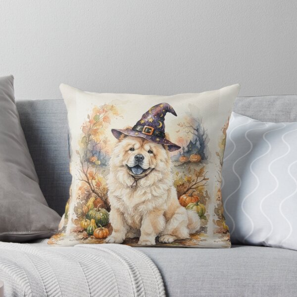 Item preview, Chow chow Halloween, pumpkin, witch hat, bats, creepy, spooky, watercolour style designed and sold by Coolparrotgirl.