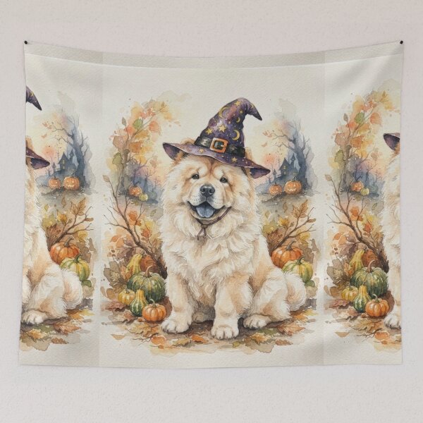 Item preview, Chow chow Halloween, pumpkin, witch hat, bats, creepy, spooky, watercolour style designed and sold by Coolparrotgirl.