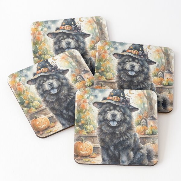 Item preview, Chow chow Halloween, pumpkin, witch hat, bats, creepy, spooky, watercolour style designed and sold by Coolparrotgirl.
