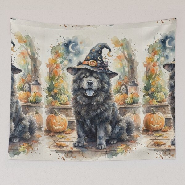 Item preview, Chow chow Halloween, pumpkin, witch hat, bats, creepy, spooky, watercolour style designed and sold by Coolparrotgirl.