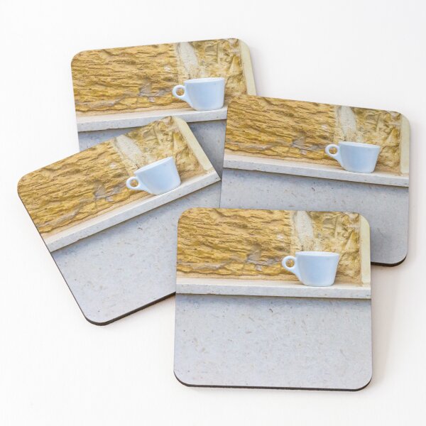 Item preview, White Coffee Cup on Stone Ledge Against Textured Yellow Wall Minimal Still Life designed and sold by Nmallia.