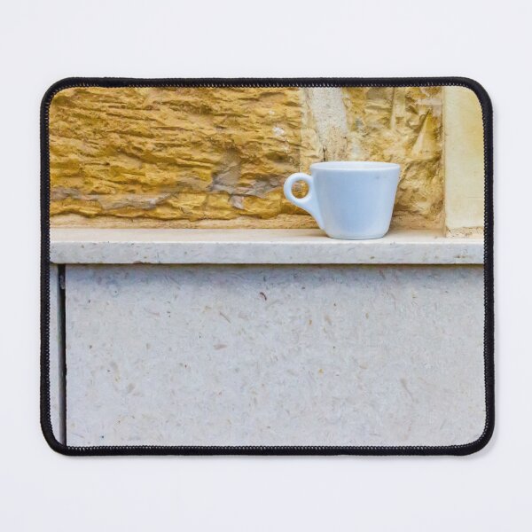 Item preview, White Coffee Cup on Stone Ledge Against Textured Yellow Wall Minimal Still Life designed and sold by Nmallia.