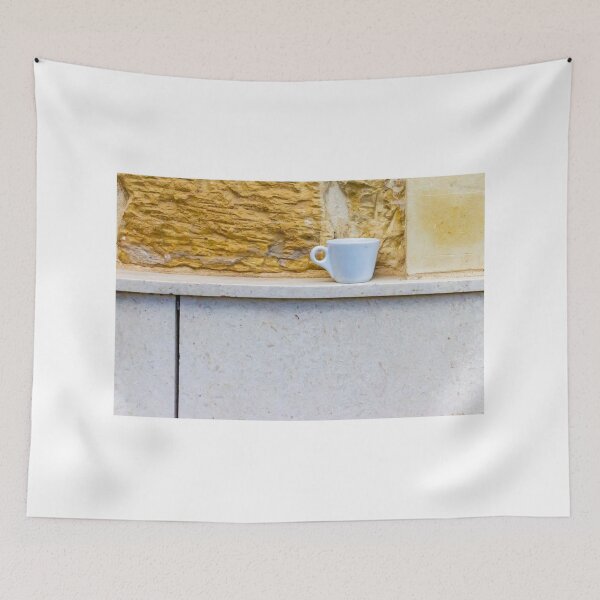 Item preview, White Coffee Cup on Stone Ledge Against Textured Yellow Wall Minimal Still Life designed and sold by Nmallia.