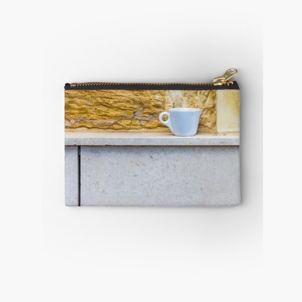 Item preview, White Coffee Cup on Stone Ledge Against Textured Yellow Wall Minimal Still Life designed and sold by Nmallia.
