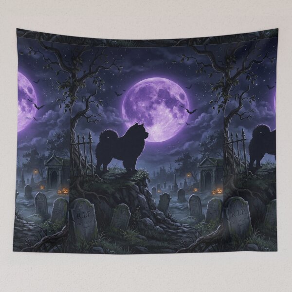 Item preview, Chow chow Halloween at night, purple Moon, cemetery,  creepy, spooky designed and sold by Coolparrotgirl.