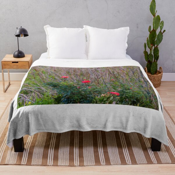 Item preview, Red Rose Bush With Blooming Roses and Buds Against Wild Grasses in Natural Garden designed and sold by Nmallia.