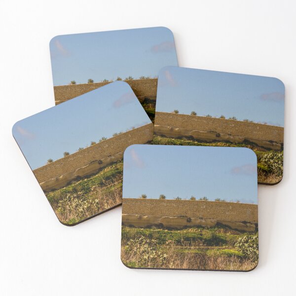 Item preview, Circular Dry Stone Fort Wall on Mediterranean Countryside Overlooking Green Fields and Cacti designed and sold by Nmallia.