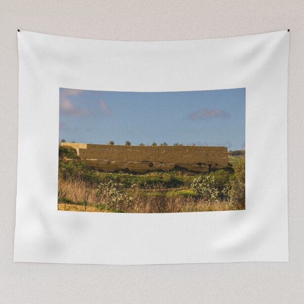 Item preview, Circular Dry Stone Fort Wall on Mediterranean Countryside Overlooking Green Fields and Cacti designed and sold by Nmallia.