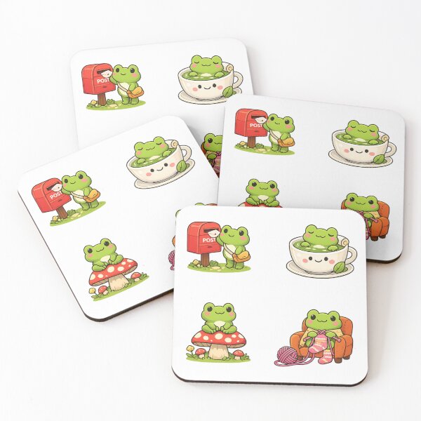 Item preview, Cute kawaii frog pack, posting letter, knitting, relaxing in green tea, sitting on mushroom designed and sold by BritishDelights.