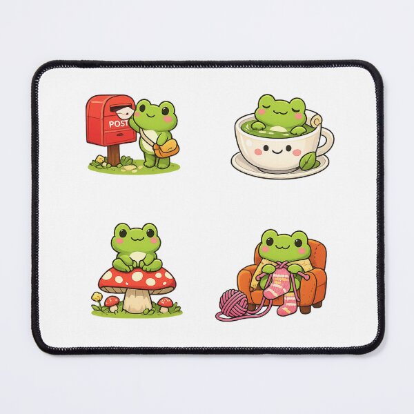Item preview, Cute kawaii frog pack, posting letter, knitting, relaxing in green tea, sitting on mushroom designed and sold by BritishDelights.